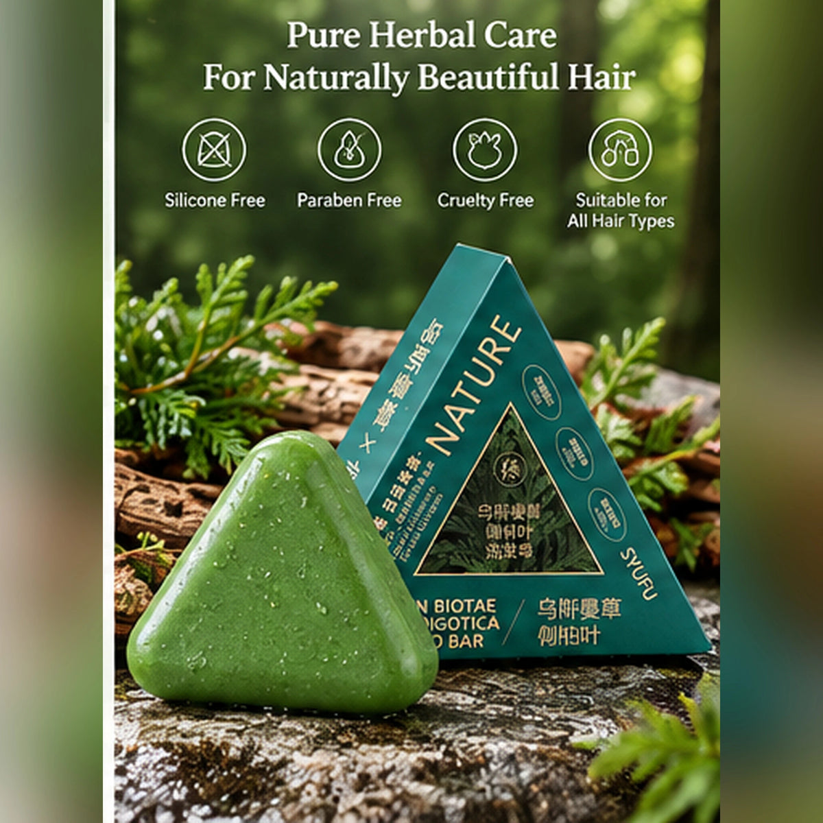 Green Usman herbal shampoo bar with triangular packaging displayed among natural botanical leaves