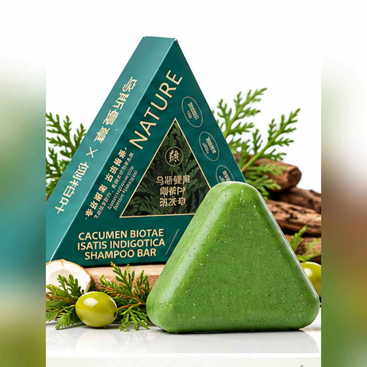 Usman Herb Shampoo Bar with Platycladus leaf, green triangular soap and botanical packaging