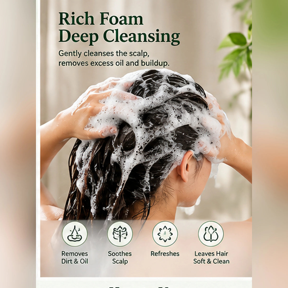 Woman washing hair with rich shampoo lather, demonstrating herbal shampoo bar cleansing