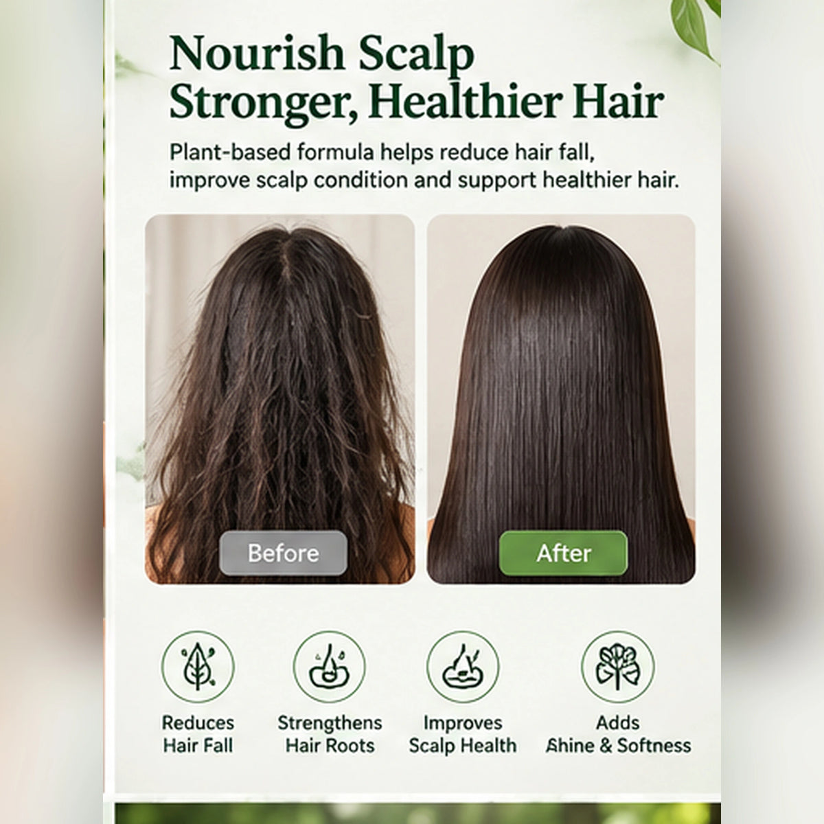 Herbal shampoo bar hair care infographic showing before and after hair appearance