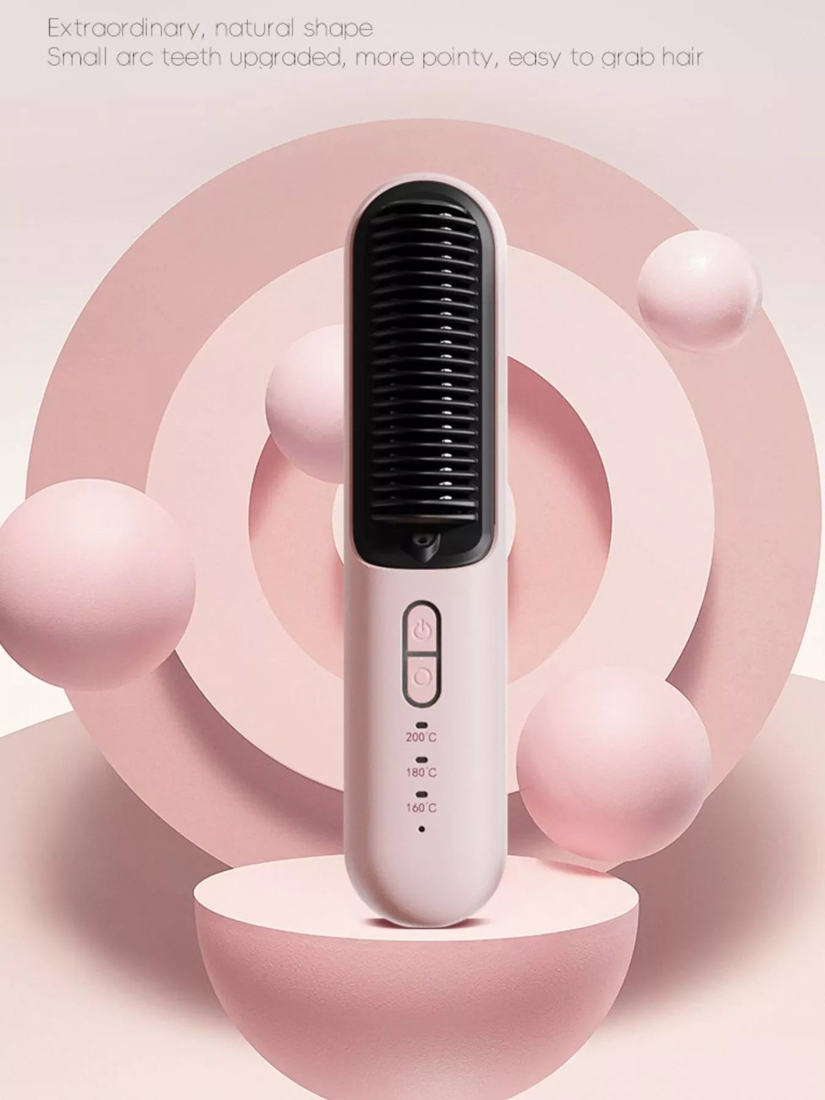 Pink cordless heated hair straightening comb with black comb teeth and three temperature indicators