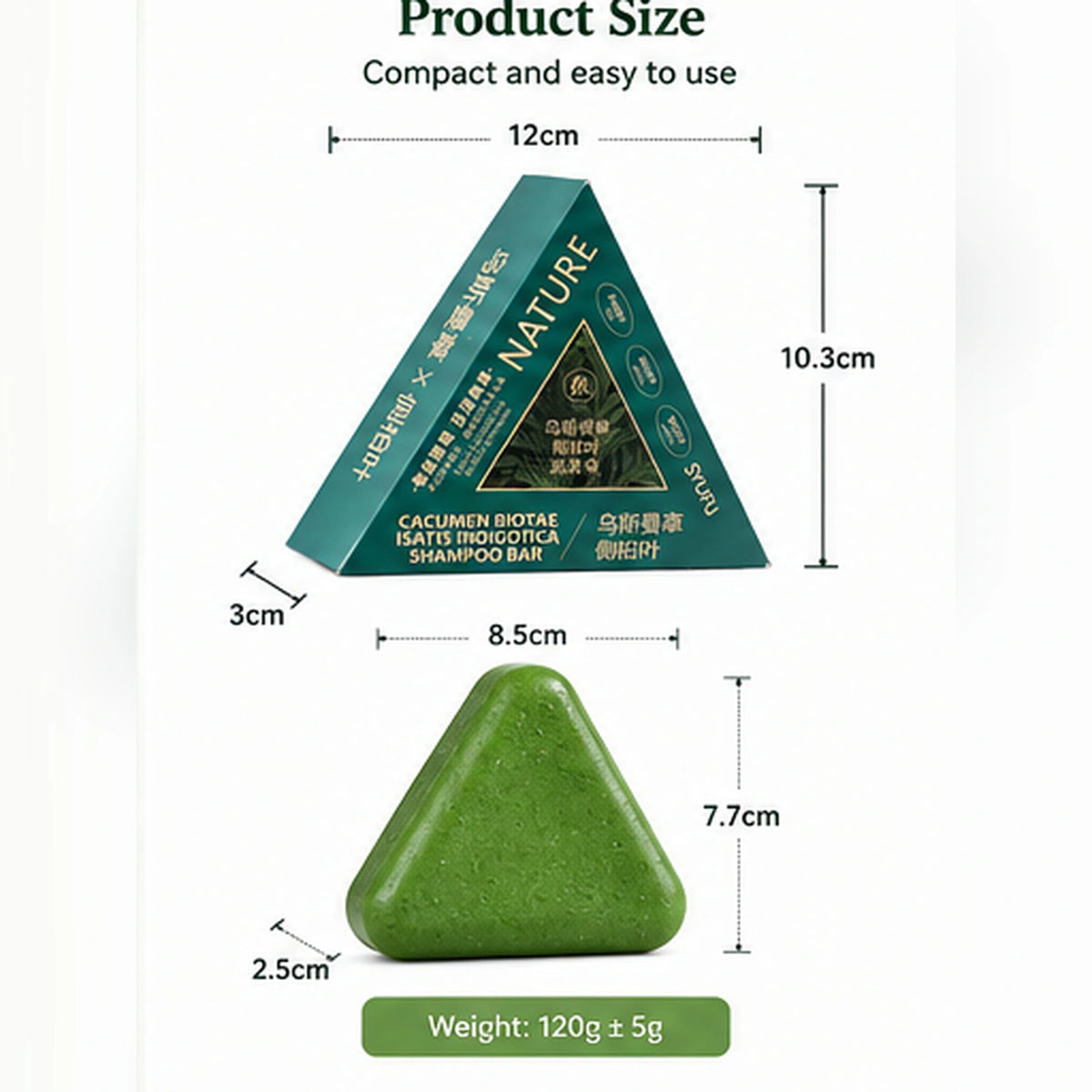 Usman Herb Shampoo Bar dimensions with green triangular 120g soap and product packaging