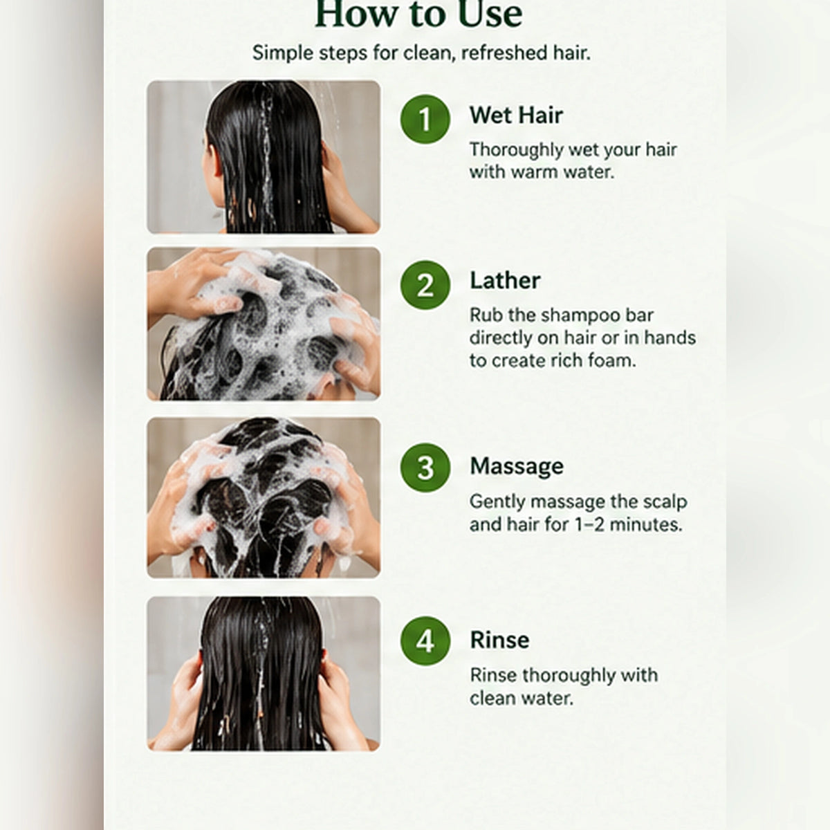Step-by-step guide to using Usman Herb Shampoo Bar, from wetting hair to lathering and rinsing