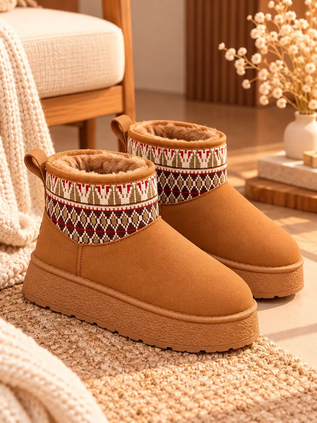 Women's Round Toe Platform Ankle Boots with Patterned Knit Cuff