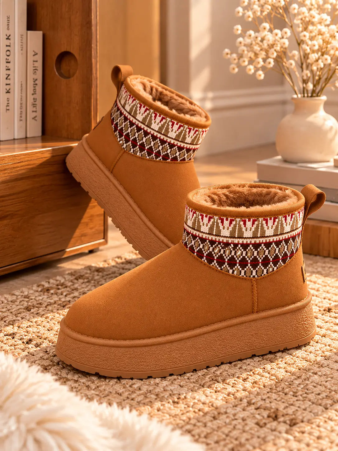 Women's Round Toe Platform Ankle Boots with Patterned Knit Cuff