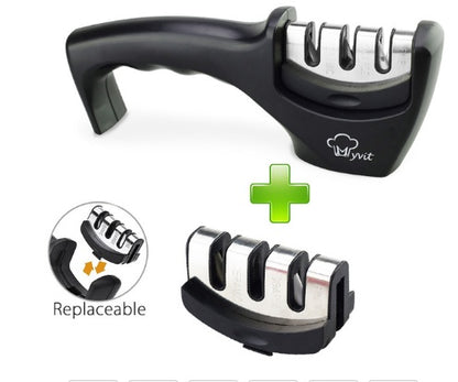4-in-1 black kitchen knife sharpener with 3-stage sharpening slots