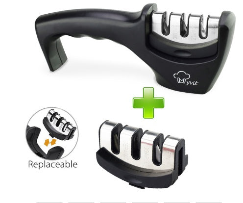 4-in-1 black kitchen knife sharpener with 3-stage sharpening slots