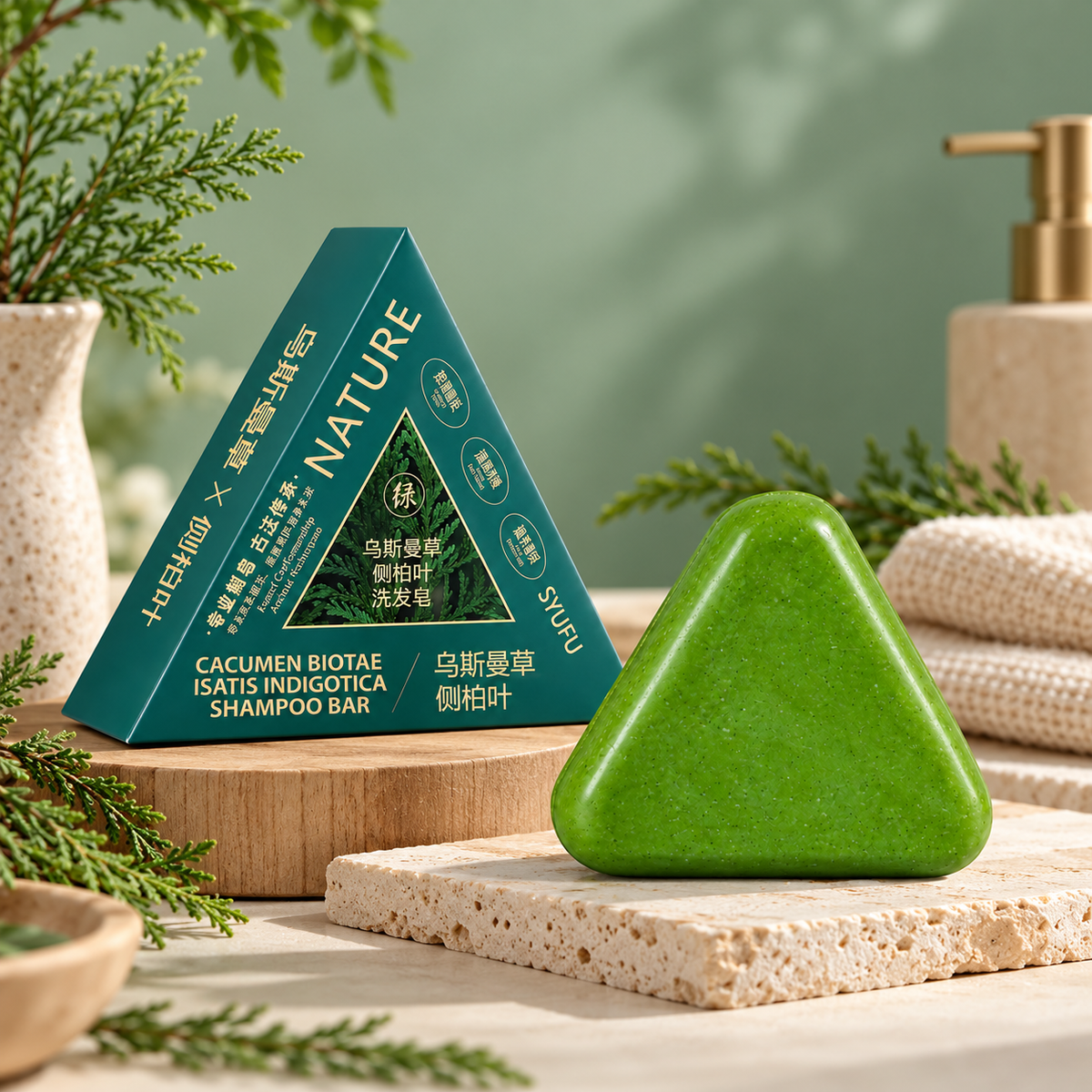 A triangular green shampoo bar sits on a stone slab in front of its teal packaging box, styled with bath towels, a pump dispenser, and evergreen branches against a soft sage green background.