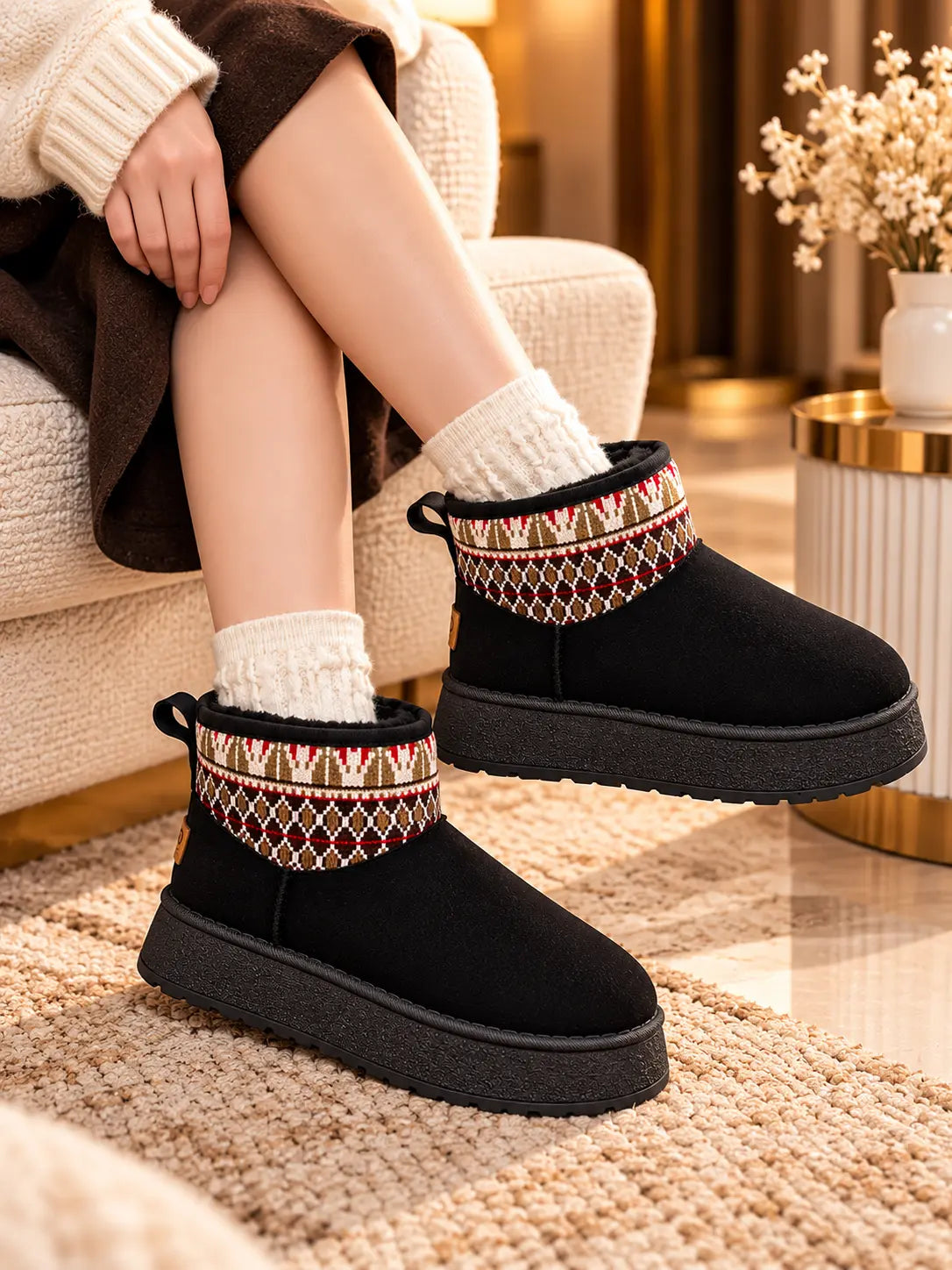 Women's Round Toe Platform Ankle Boots with Patterned Knit Cuff
