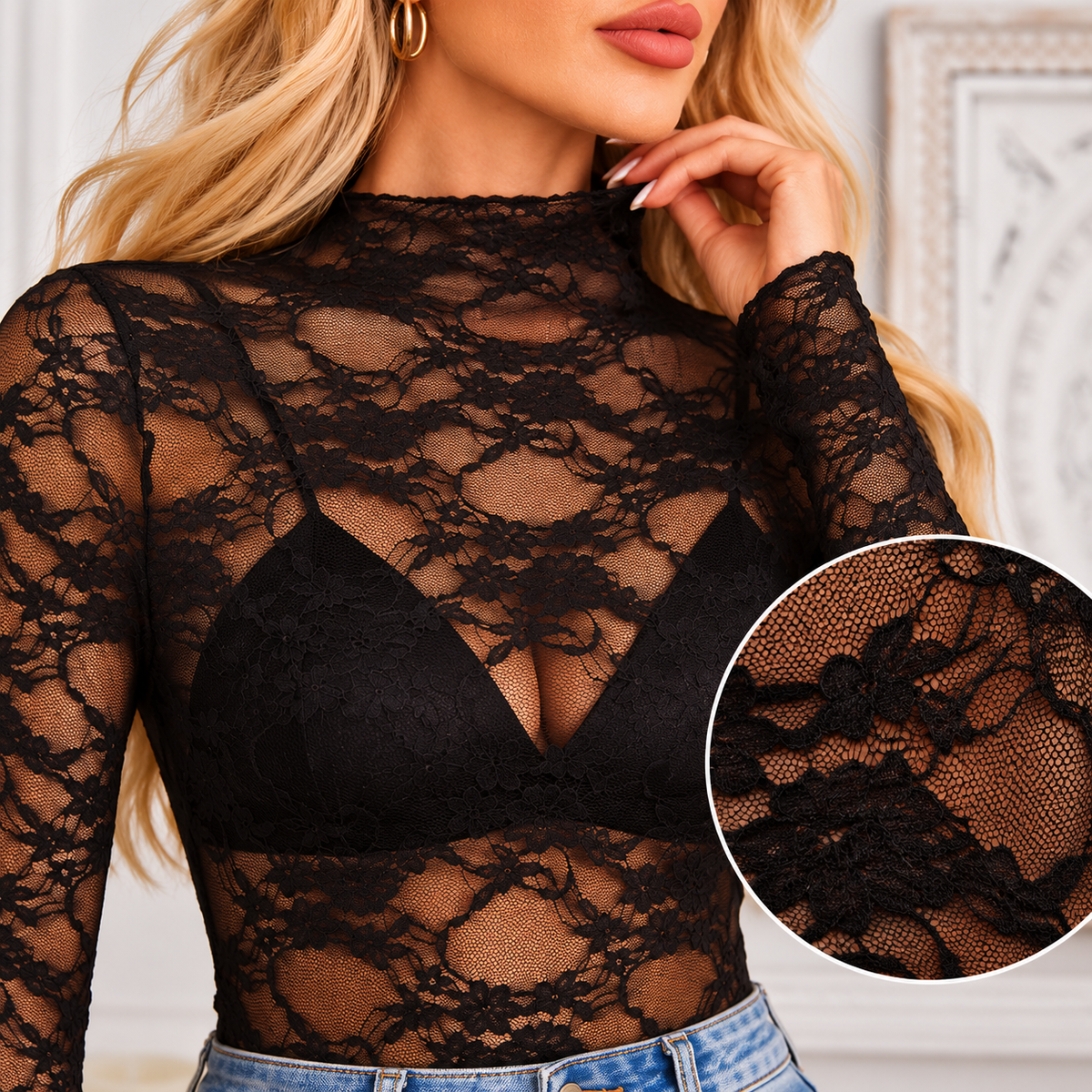 Mock Neck Long Sleeve Sheer Lace Top