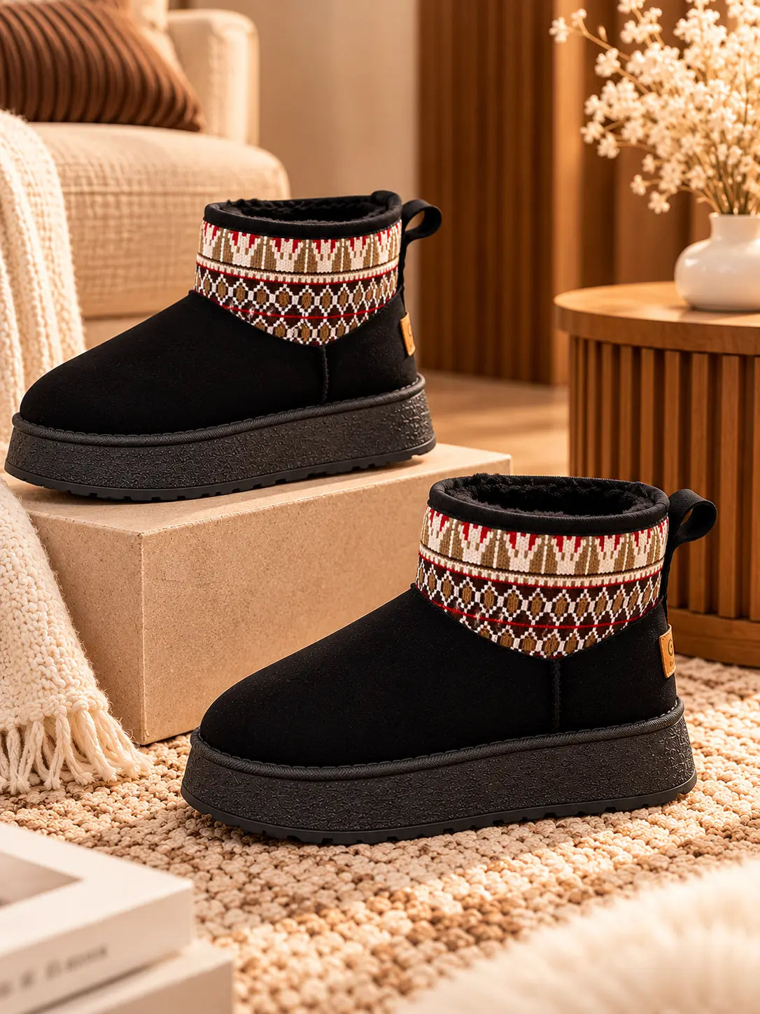 Women's Round Toe Platform Ankle Boots with Patterned Knit Cuff