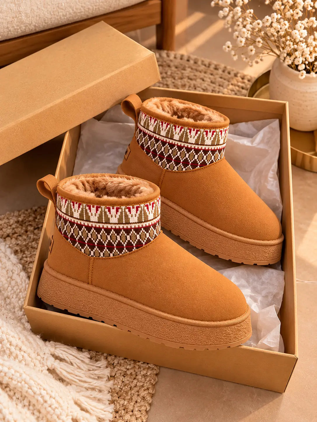 Women's Round Toe Platform Ankle Boots with Patterned Knit Cuff