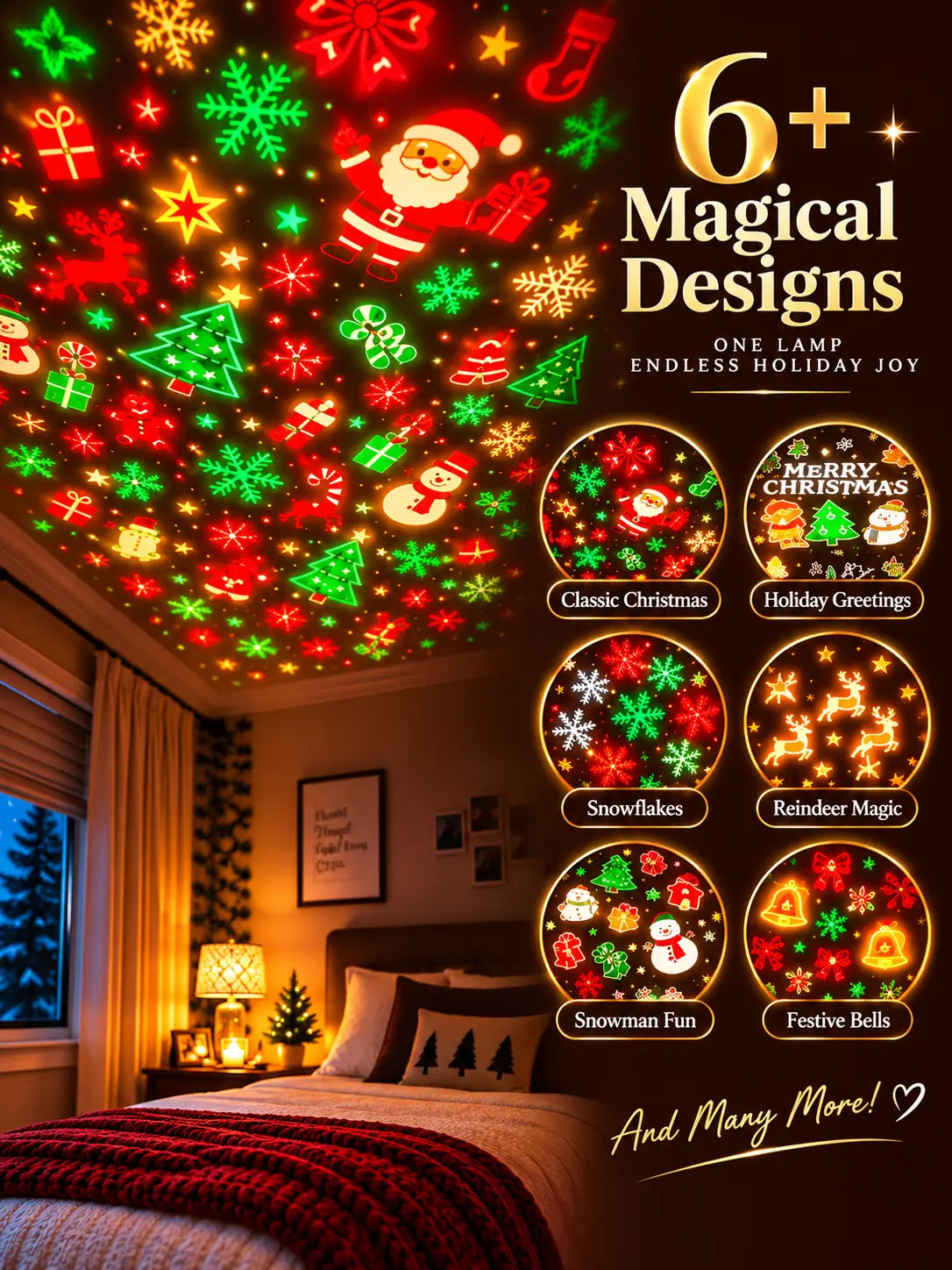 USB Christmas tree projector with projector lens, realistic pine texture, warm LED lights and flexible body.