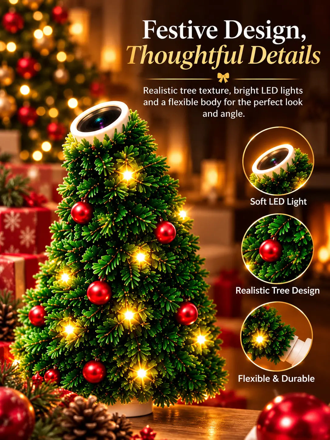Close-up of Christmas tree projector featuring realistic green pine branches, red ornaments, glowing LEDs and projector lens.