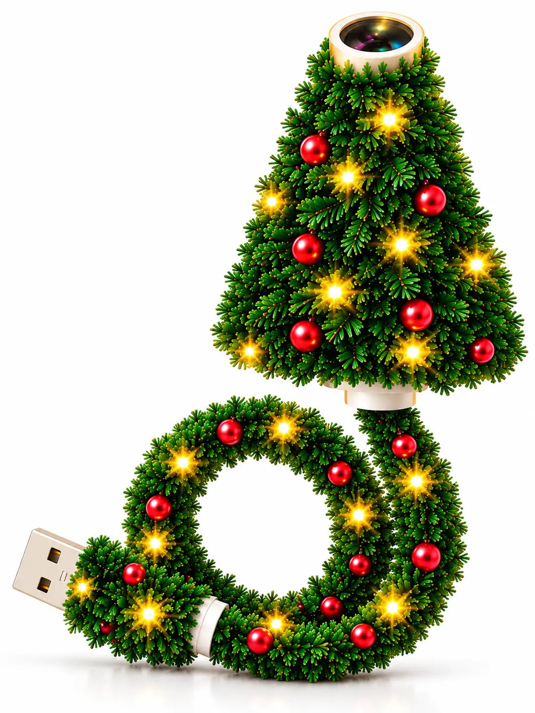 Christmas tree USB projector light with green pine design, red ornaments, warm LED lights and flexible USB connector.