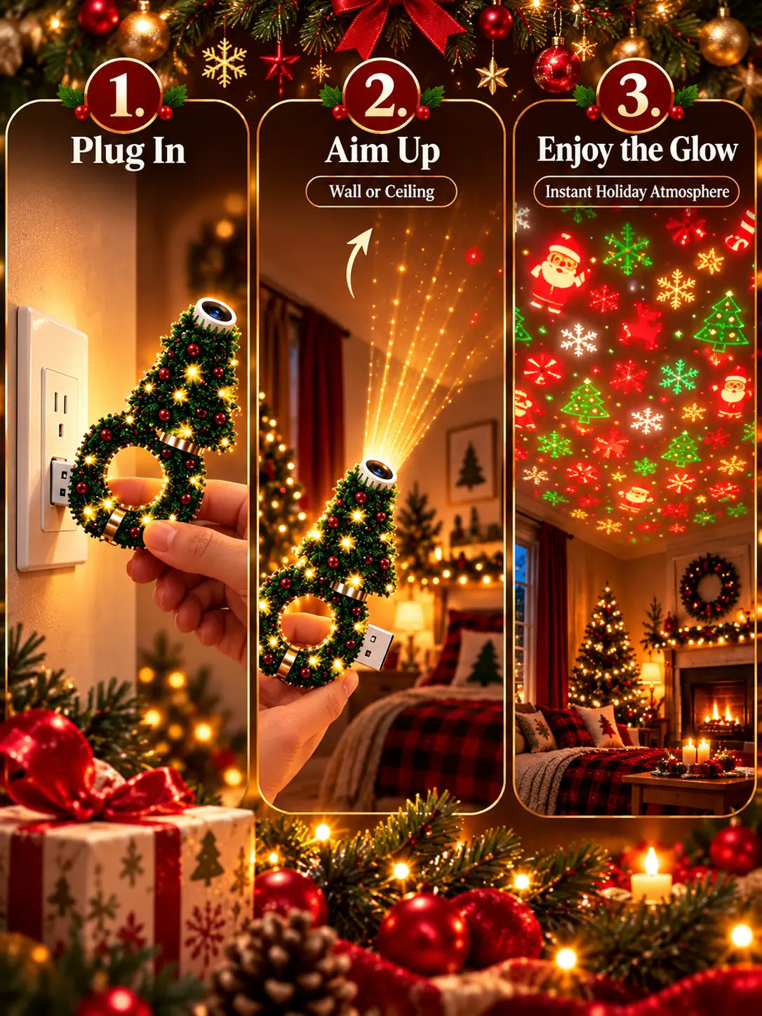 How to use a Christmas USB projector light: plug into USB, aim toward the ceiling and enjoy festive projections.