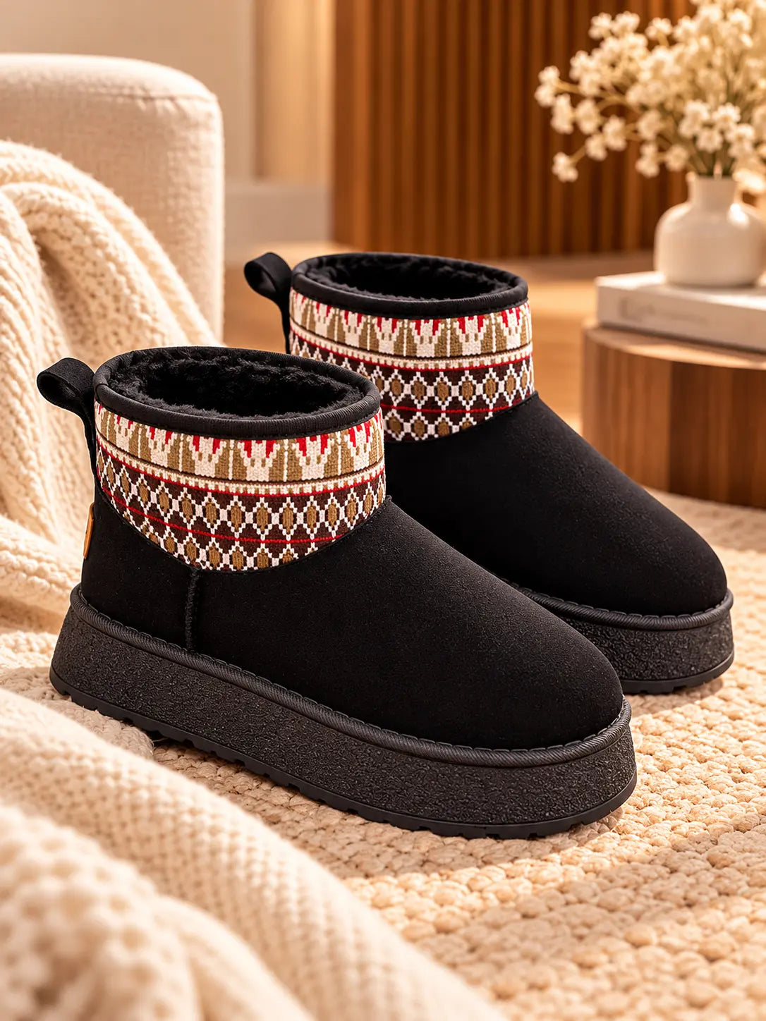 Women's Round Toe Platform Ankle Boots with Patterned Knit Cuff
