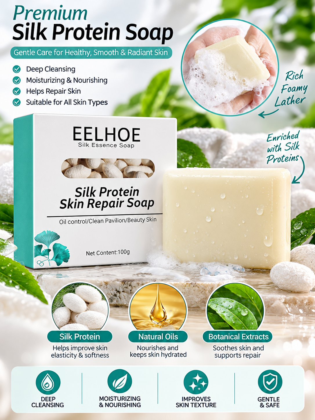 EELHOE Silk Protein Cleansing Soap Bar