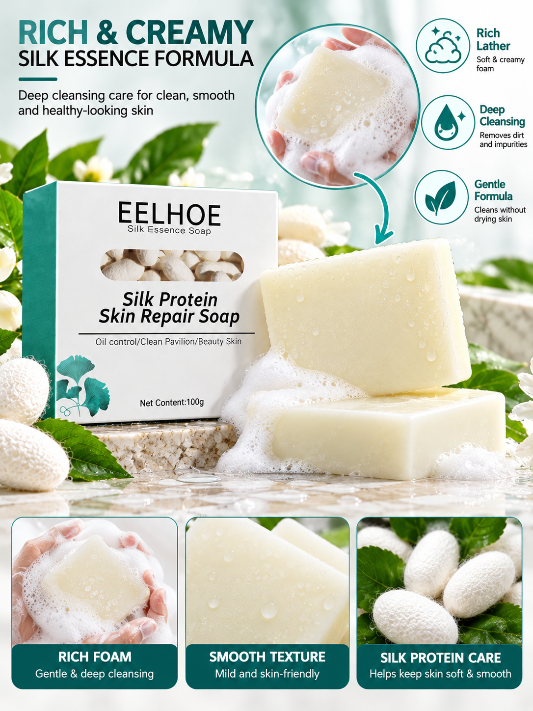 EELHOE Silk Protein Cleansing Soap Bar