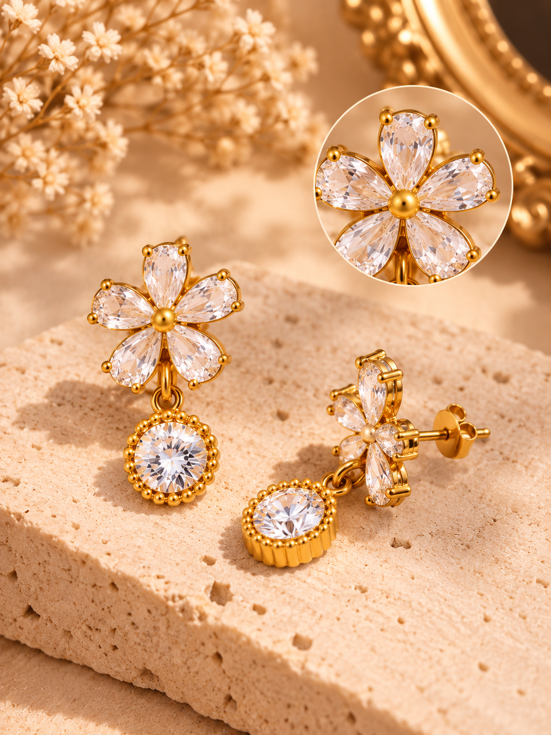 18K Gold-Plated Zircon Flower Drop Earrings