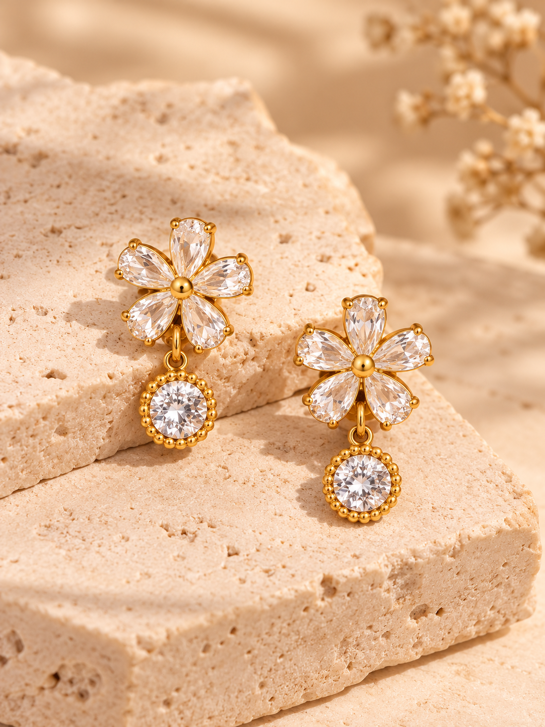 18K Gold-Plated Zircon Flower Drop Earrings