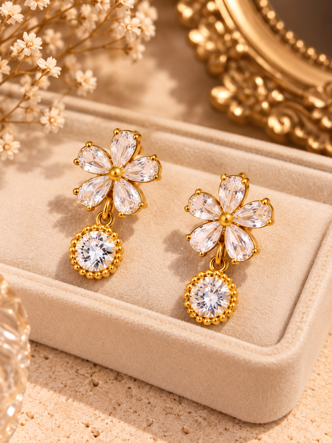 18K Gold-Plated Zircon Flower Drop Earrings
