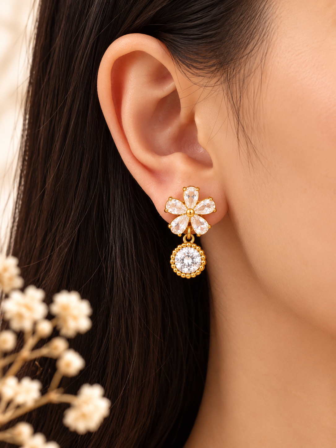 18K Gold-Plated Zircon Flower Drop Earrings