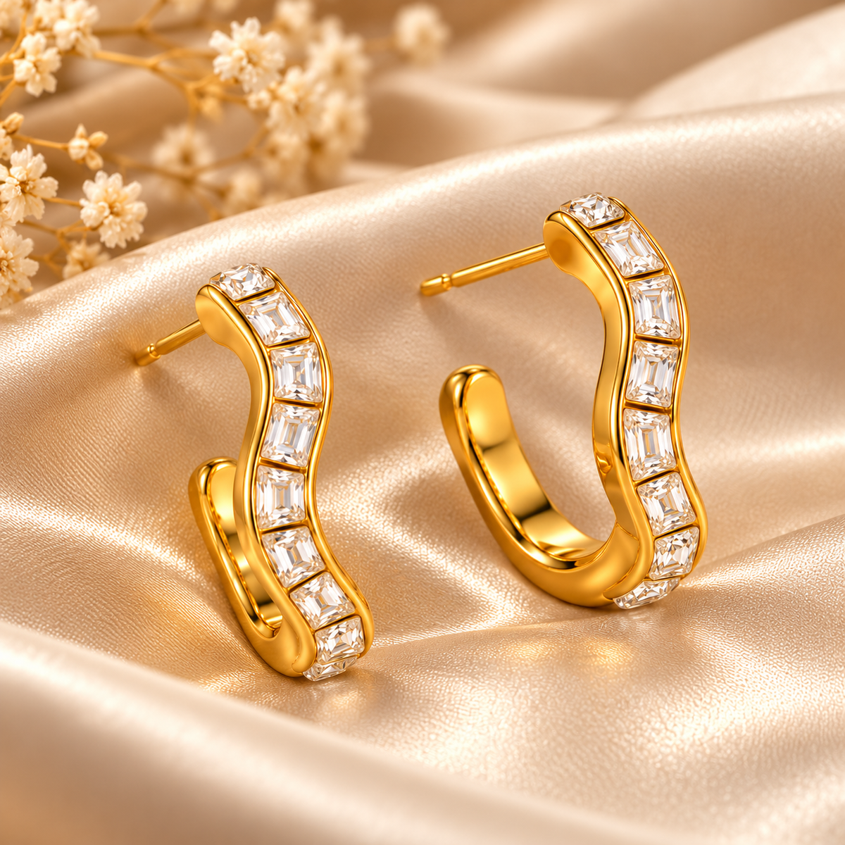 18K Gold-Plated Wavy Zircon Hoop Earrings