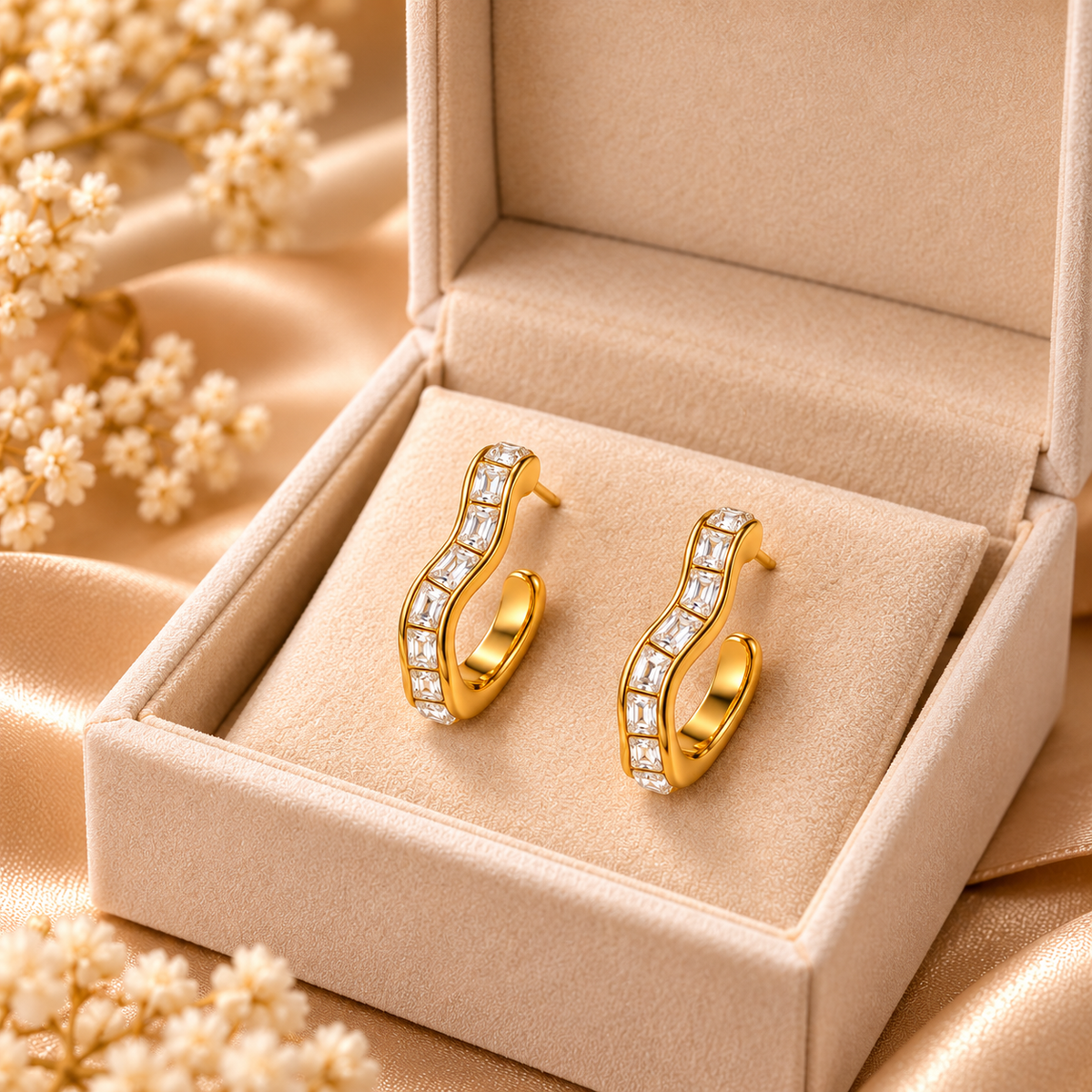 18K Gold-Plated Wavy Zircon Hoop Earrings