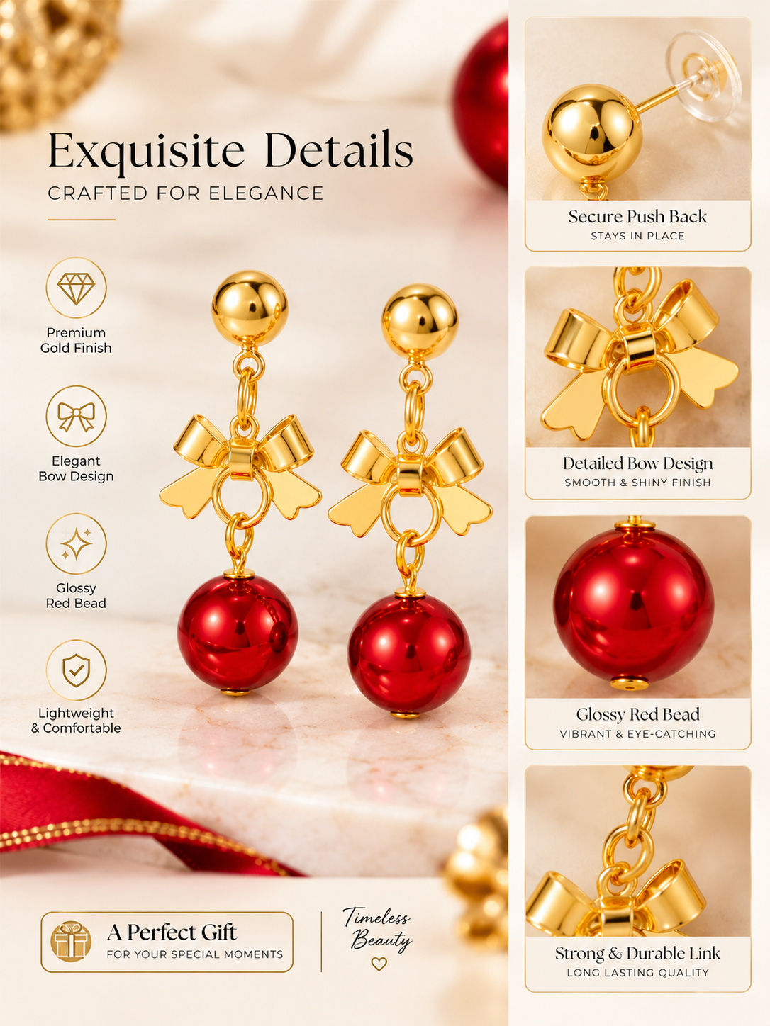 18K Gold-Plated Christmas Bow & Red Ball Drop Earrings