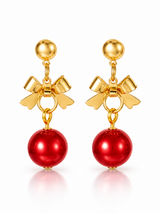 18K Gold-Plated Christmas Bow & Red Ball Drop Earrings