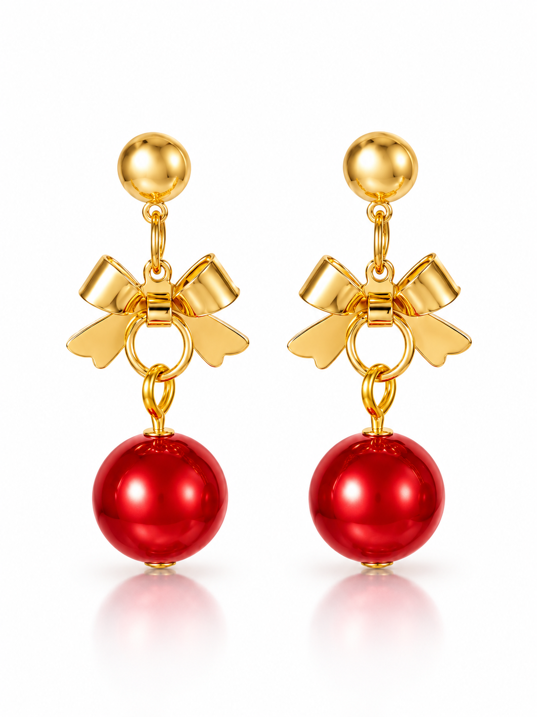 18K Gold-Plated Christmas Bow & Red Ball Drop Earrings