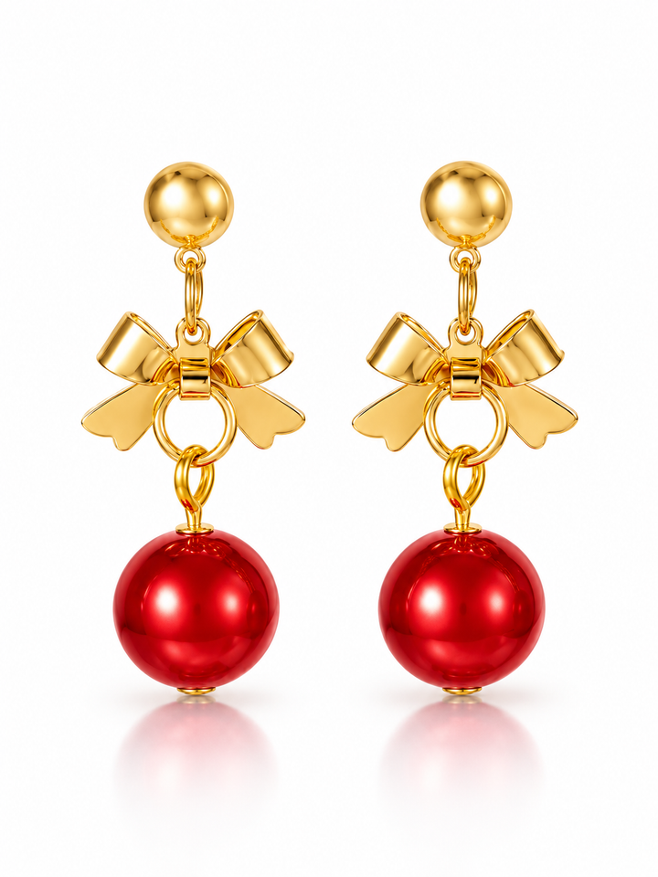 18K Gold-Plated Christmas Bow & Red Ball Drop Earrings