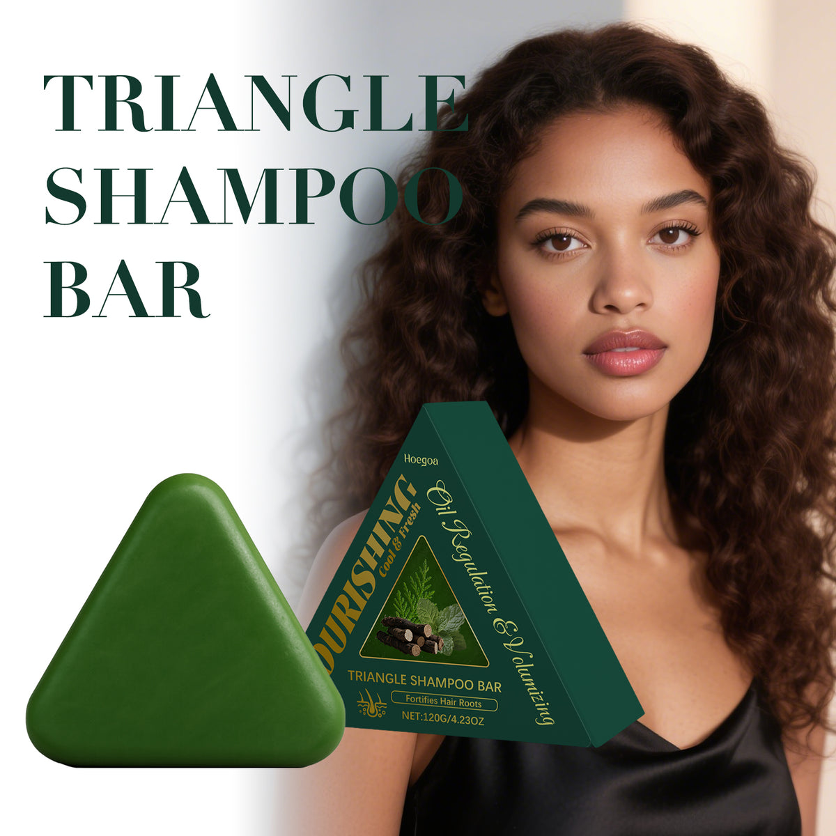 A green triangular shampoo bar and its matching triangular box are shown beside a woman with long curly hair. Large text at the top reads 'TRIANGLE SHAMPOO BAR.