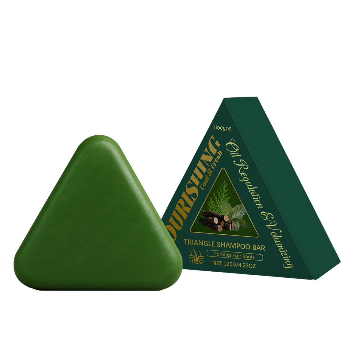 Green triangular shampoo bar with packaging on a white background