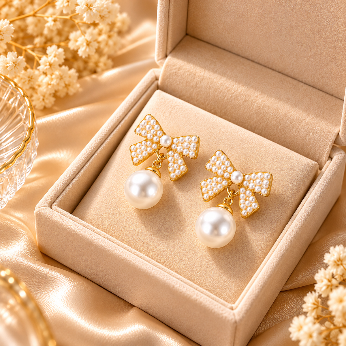 Pearl bow drop earrings displayed in a cream velvet jewellery box.