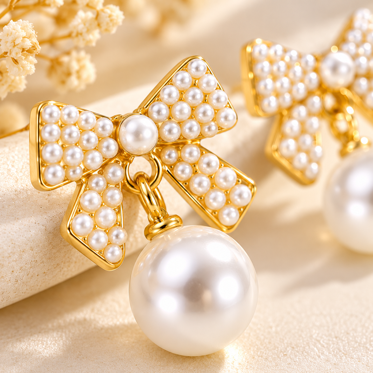 Close-up of pearl bow drop earrings featuring small white pearls and a large pearl drop.