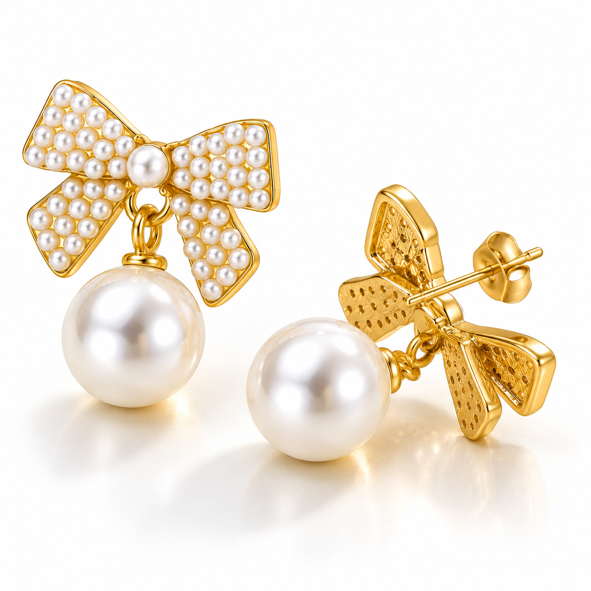 Pearl bow drop earrings showing the alternate angle, gold-tone finish and earring posts.