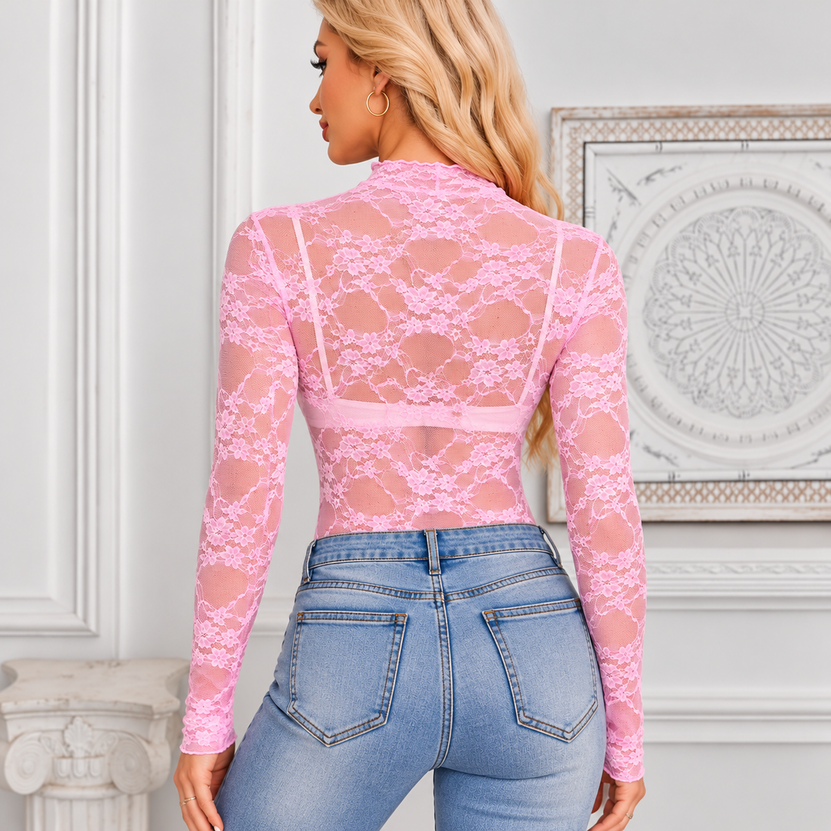 Mock Neck Long Sleeve Sheer Lace Top