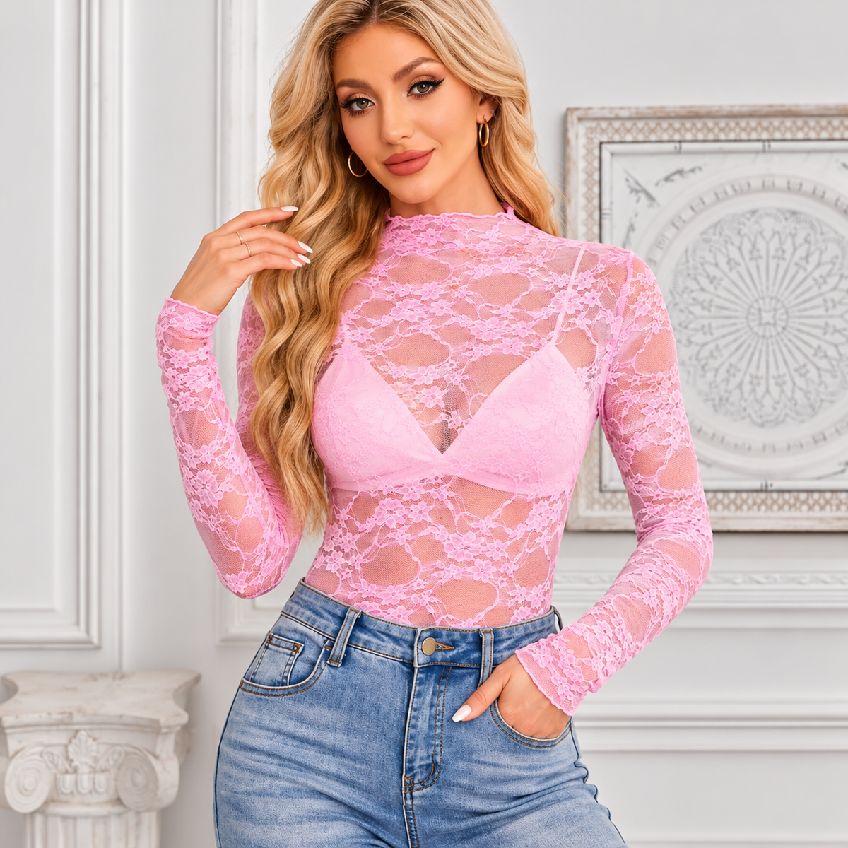 Mock Neck Long Sleeve Sheer Lace Top
