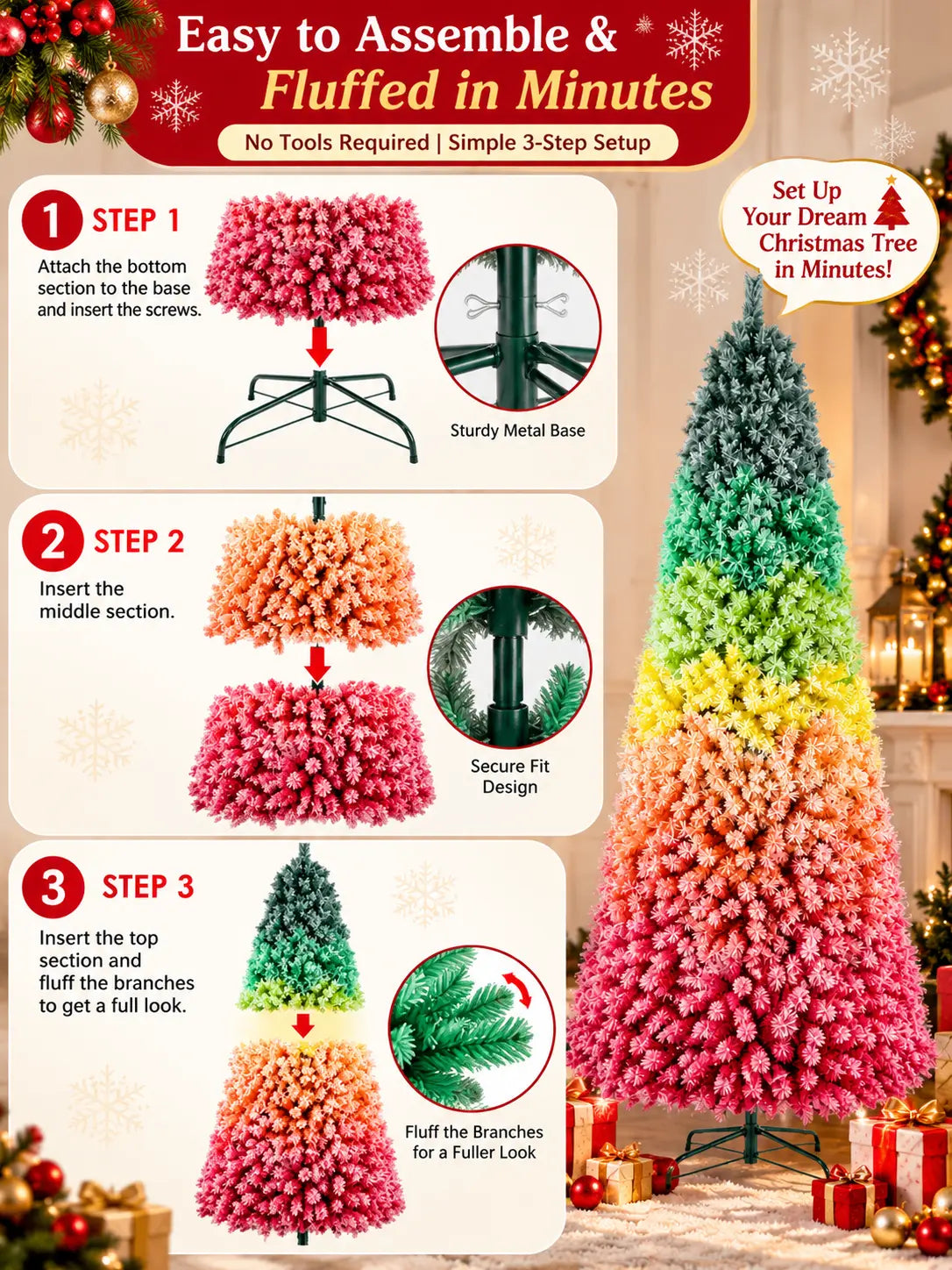 Rainbow Gradient Artificial Christmas Tree – Unlit Hinged PVC Design