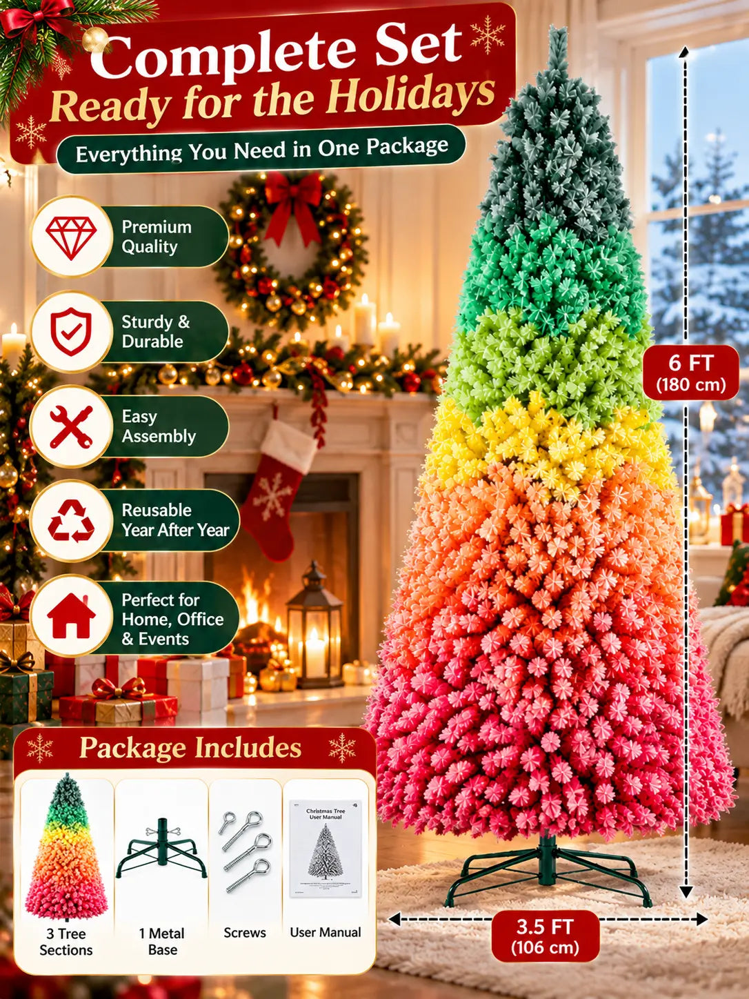Rainbow Gradient Artificial Christmas Tree – Unlit Hinged PVC Design