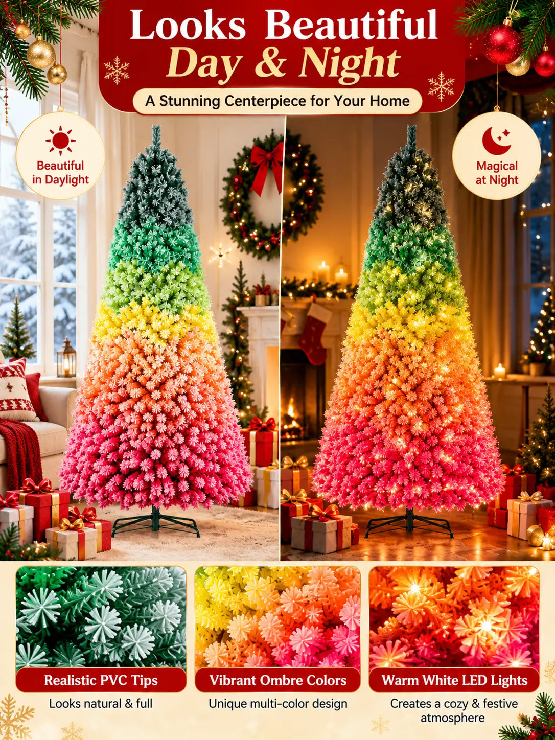 Rainbow Gradient Artificial Christmas Tree – Unlit Hinged PVC Design