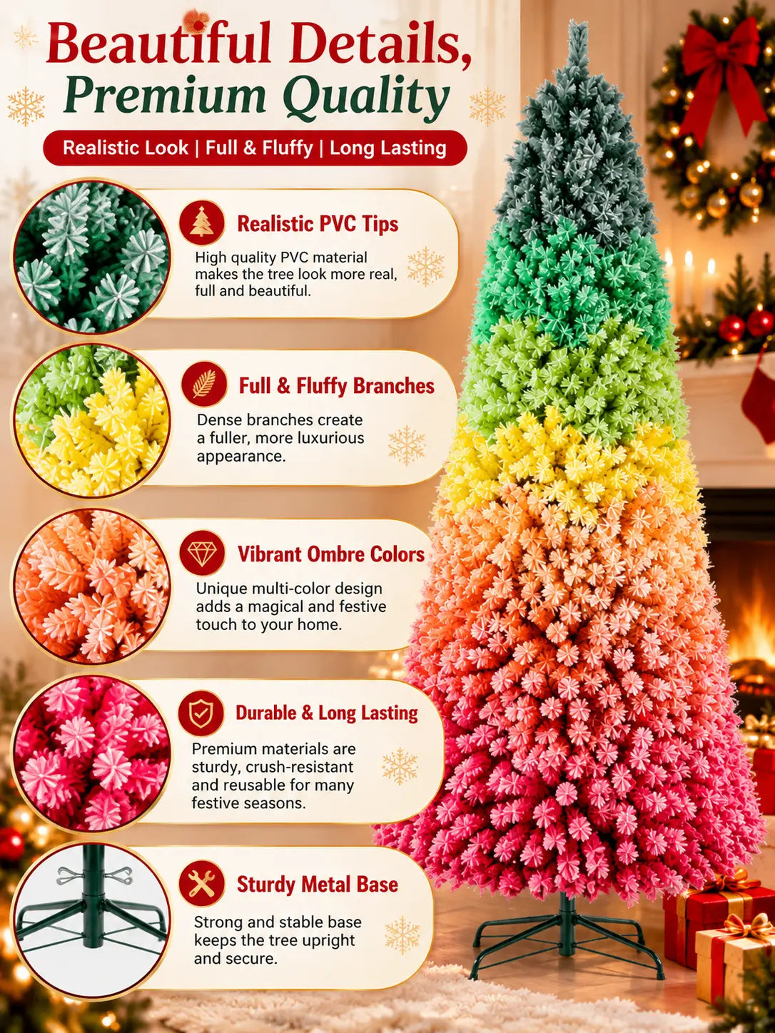 Rainbow Gradient Artificial Christmas Tree – Unlit Hinged PVC Design