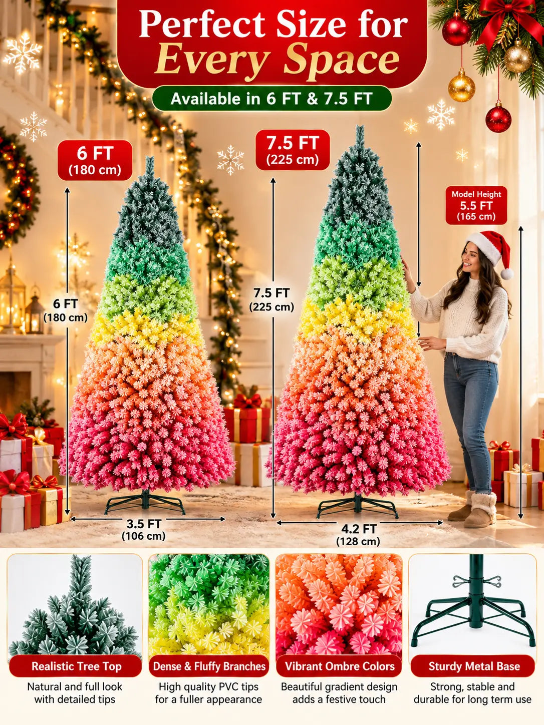 Rainbow Gradient Artificial Christmas Tree – Unlit Hinged PVC Design