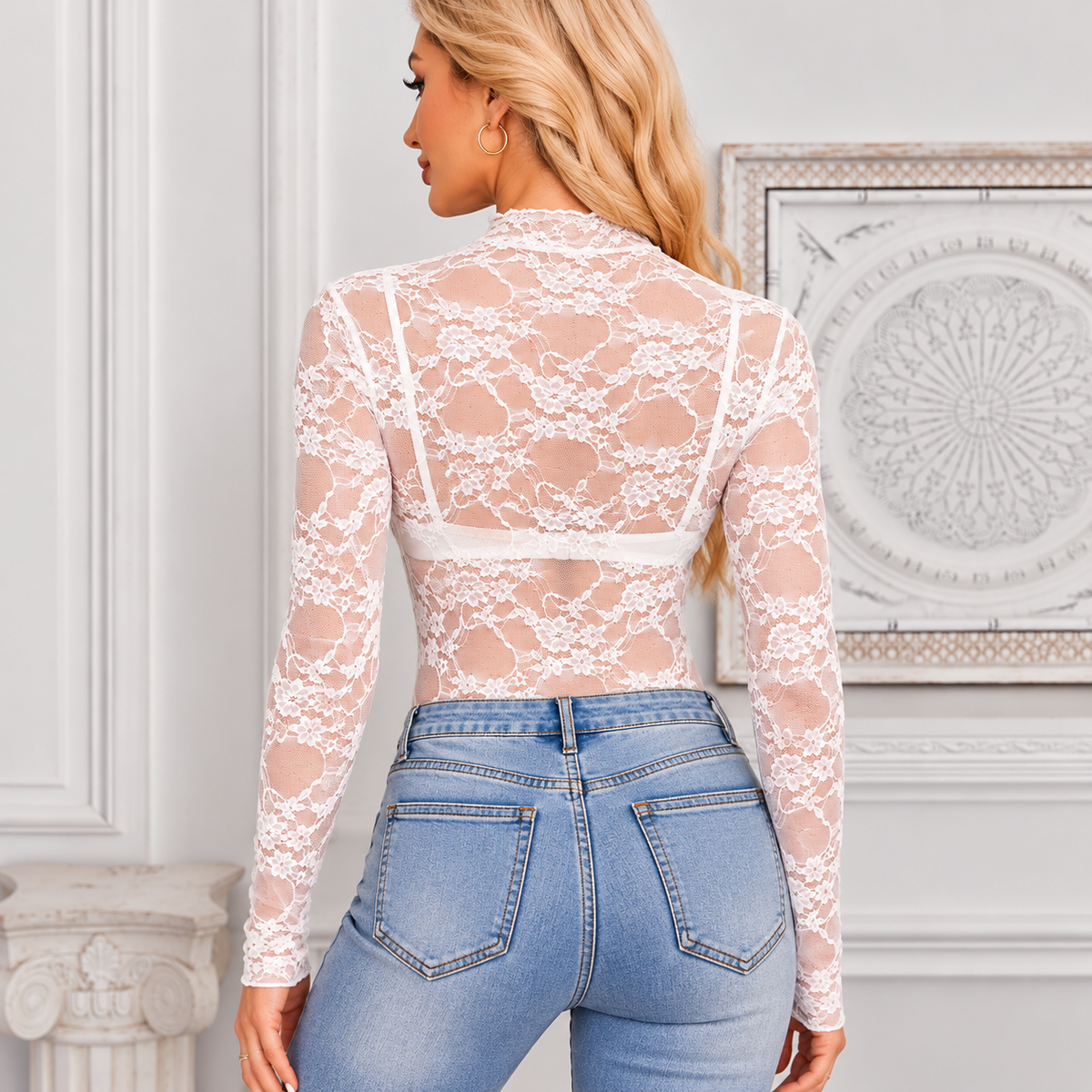Mock Neck Long Sleeve Sheer Lace Top