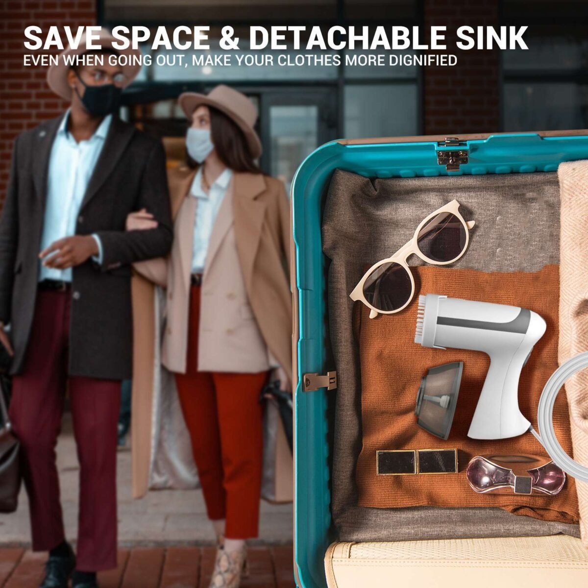 he compact and portable size of the SteamPro Go clothes steamer, perfect for travel