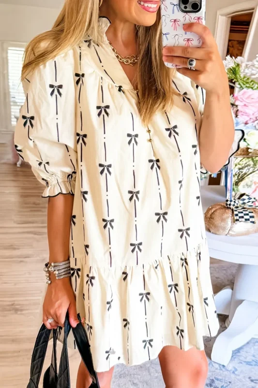Bow Print Button Front Shirt Dress with ruffles and tiered design for women – front view