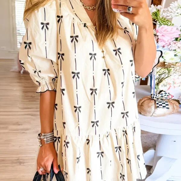 Bow Print Button Front Shirt Dress with ruffles and tiered design for women – front view