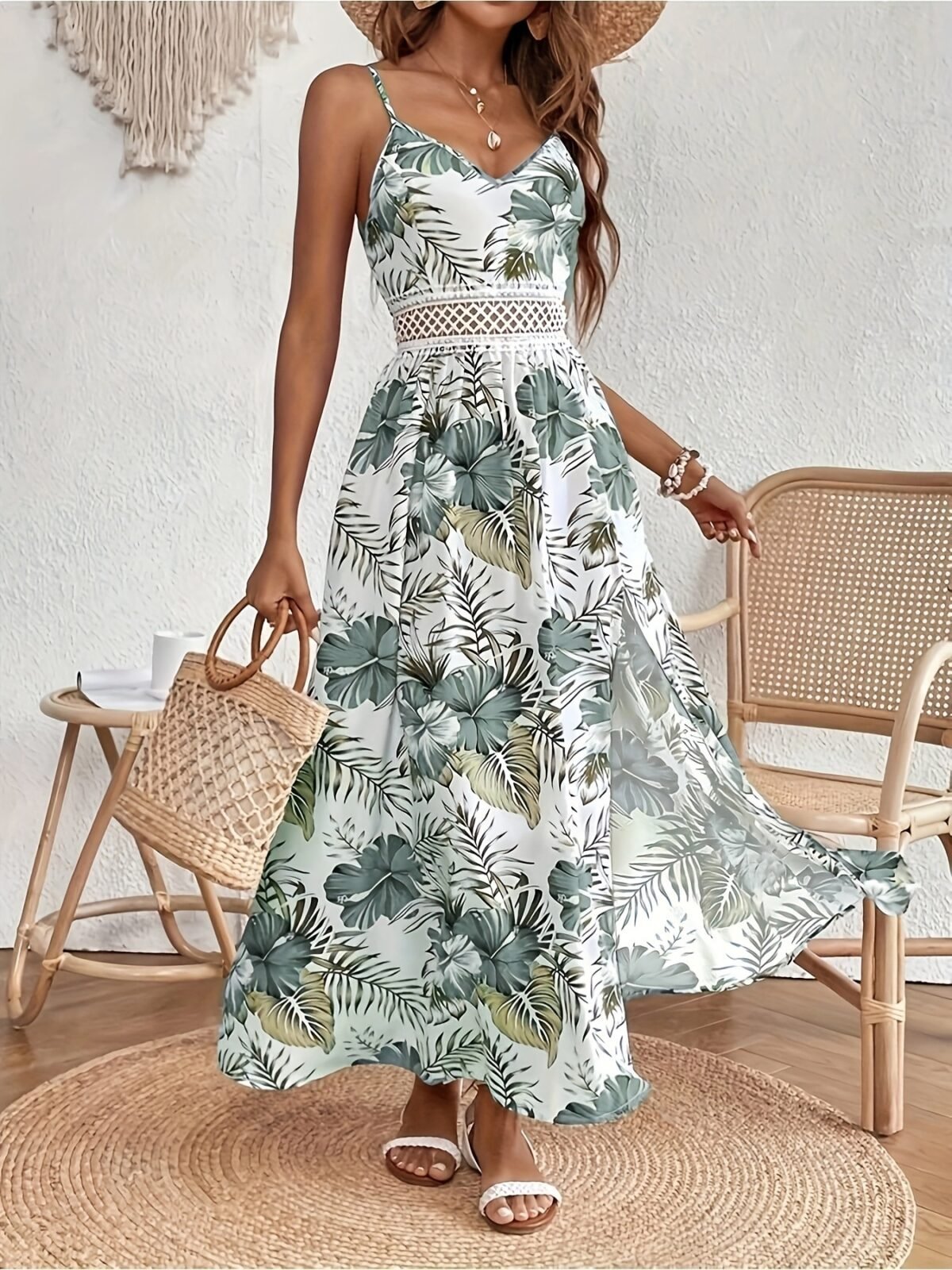 Gufumart Slit Printed V-Neck Cami Dress - Front view on mannequin
